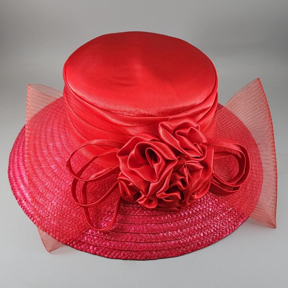 Wide Brim Formal Women's Hat Red with Satin Crown & Floral Ribbon Mesh